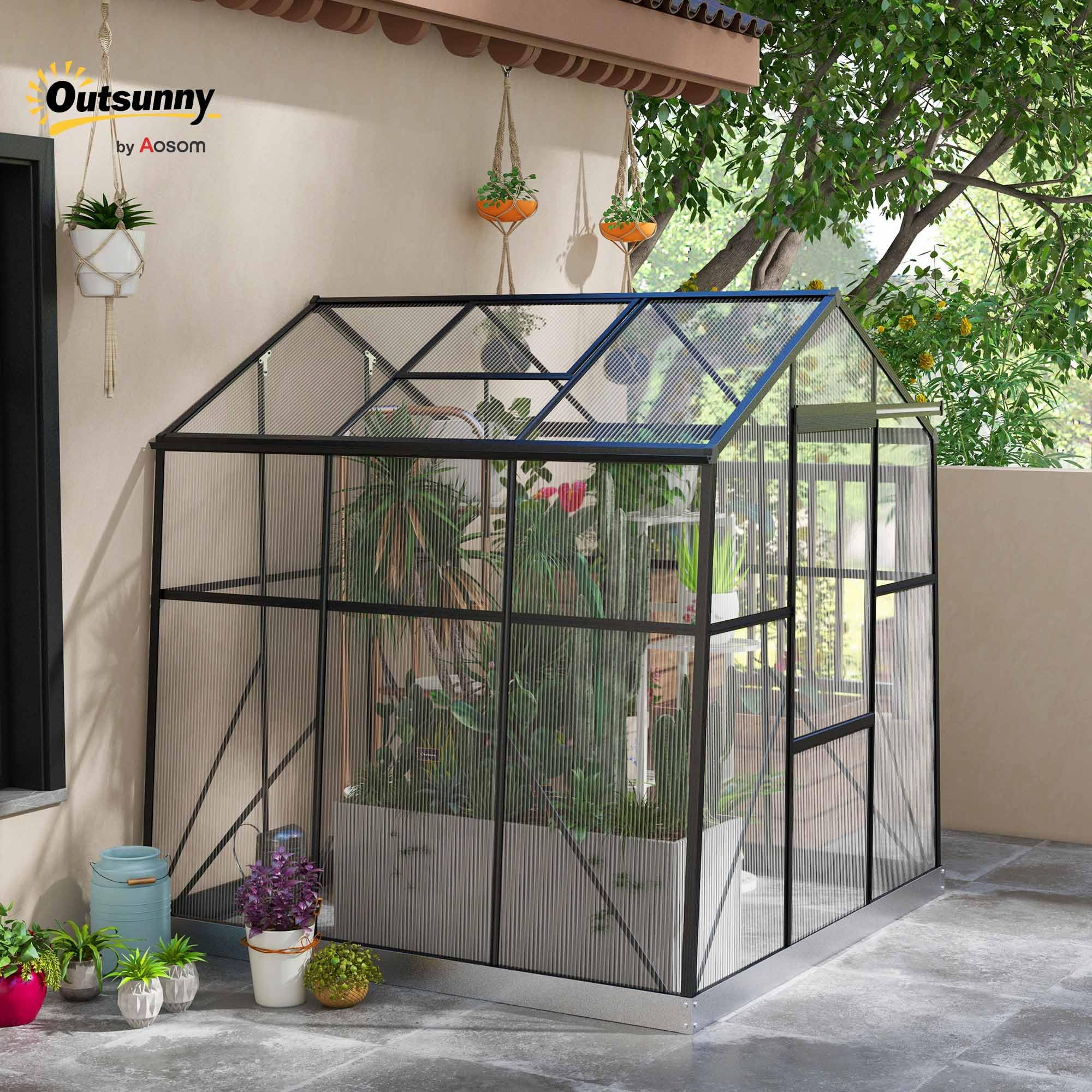 Outsunny Gewächshaus Aluminium mit Fundament 192 x 192 x 204 cm Schwarz | Treibhaus, 3,68 m², Tomatenhaus, Fenster, Schiebetür, Aufzucht Pflanzenhaus, für Garten, Balkon