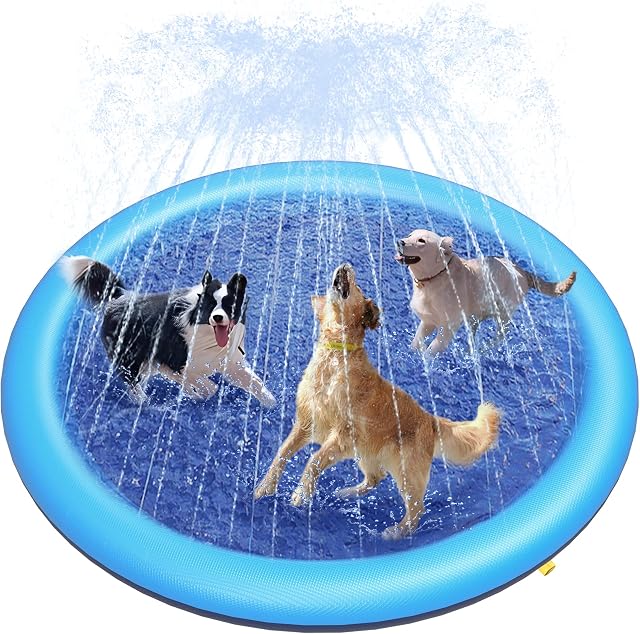 Peteast Tapis de Splash pour Chiens et Enfants - Piscine Antidérapante pour Chiens Grands, Tapis de Jeu Aquatique Extérieur Durable Épaissi de 0,58 mm, Jouet Arroseur d'Été pour Cour (67 po, Bleu)