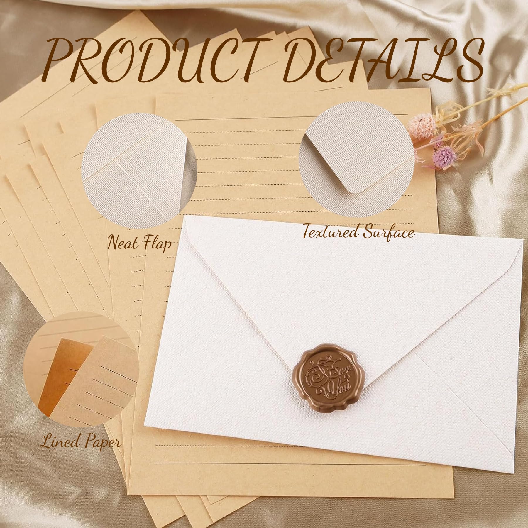 Lot 32 Feuilles Papier à Lettre Vintage + 6 Enveloppes Lin + Sceau Cire - Papier Kraft A5 - Pour Invitations, Cadeaux