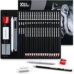 24PCS Croquis & Dessiner ensemble de crayons – Graphite (14B–5H) & Crayons de charbon, kit de fournitures d'art avec effaceurs, Aiguiseur, couteau – Cadeau idéal pour les artistes, étudiants, débutants
