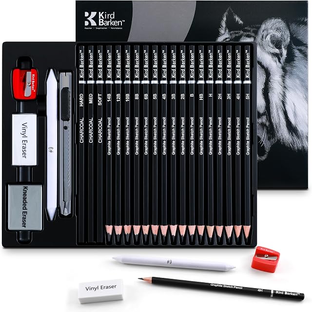 24PCS Croquis & Dessiner ensemble de crayons – Graphite (14B–5H) & Crayons de charbon, kit de fournitures d'art avec effaceurs, Aiguiseur, couteau – Cadeau idéal pour les artistes, étudiants, débutants