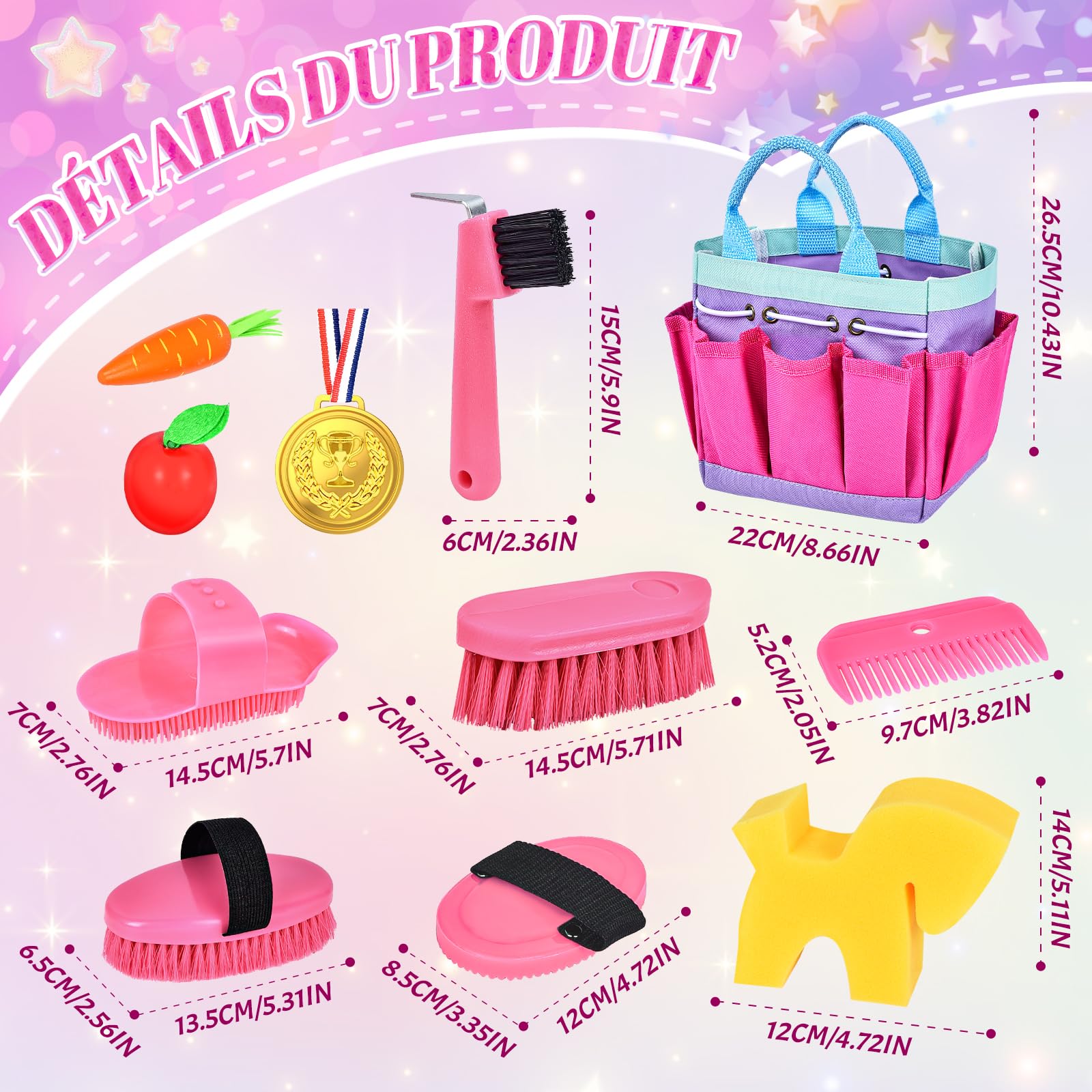 Joellfuner Set de Pansage Cheval, Jouet Accessoires pour Enfants, Equitation Soins Sac d'Équipement avec Brosse de Massage et Grattoir à Sabot