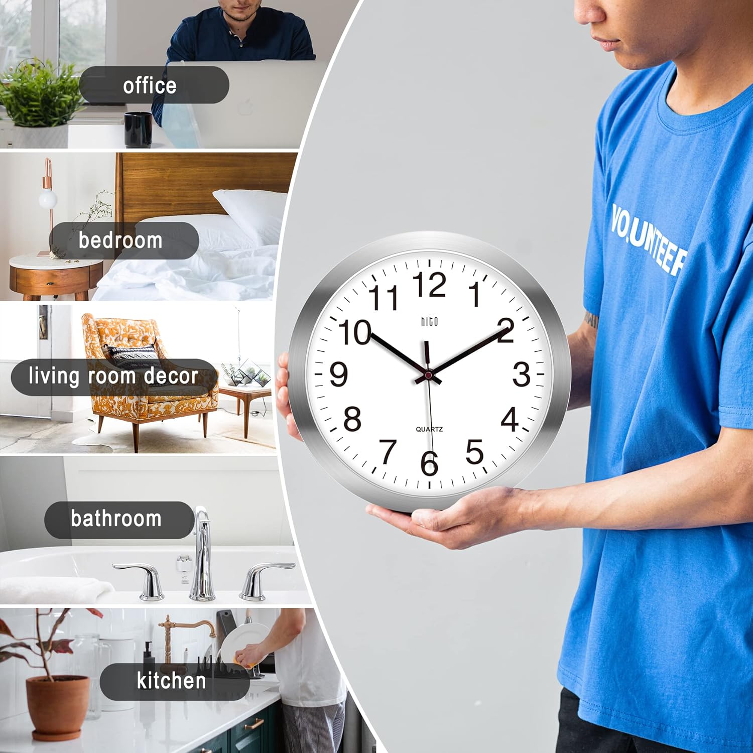 HITO 10 Inch Silent Wall Clock 12 Inch Silent Wall Clock Battery Operated Non Ticking Glass Cover Silver Aluminum Frame, for Kitchen, Bedroom, Home Office, Living Room Decor