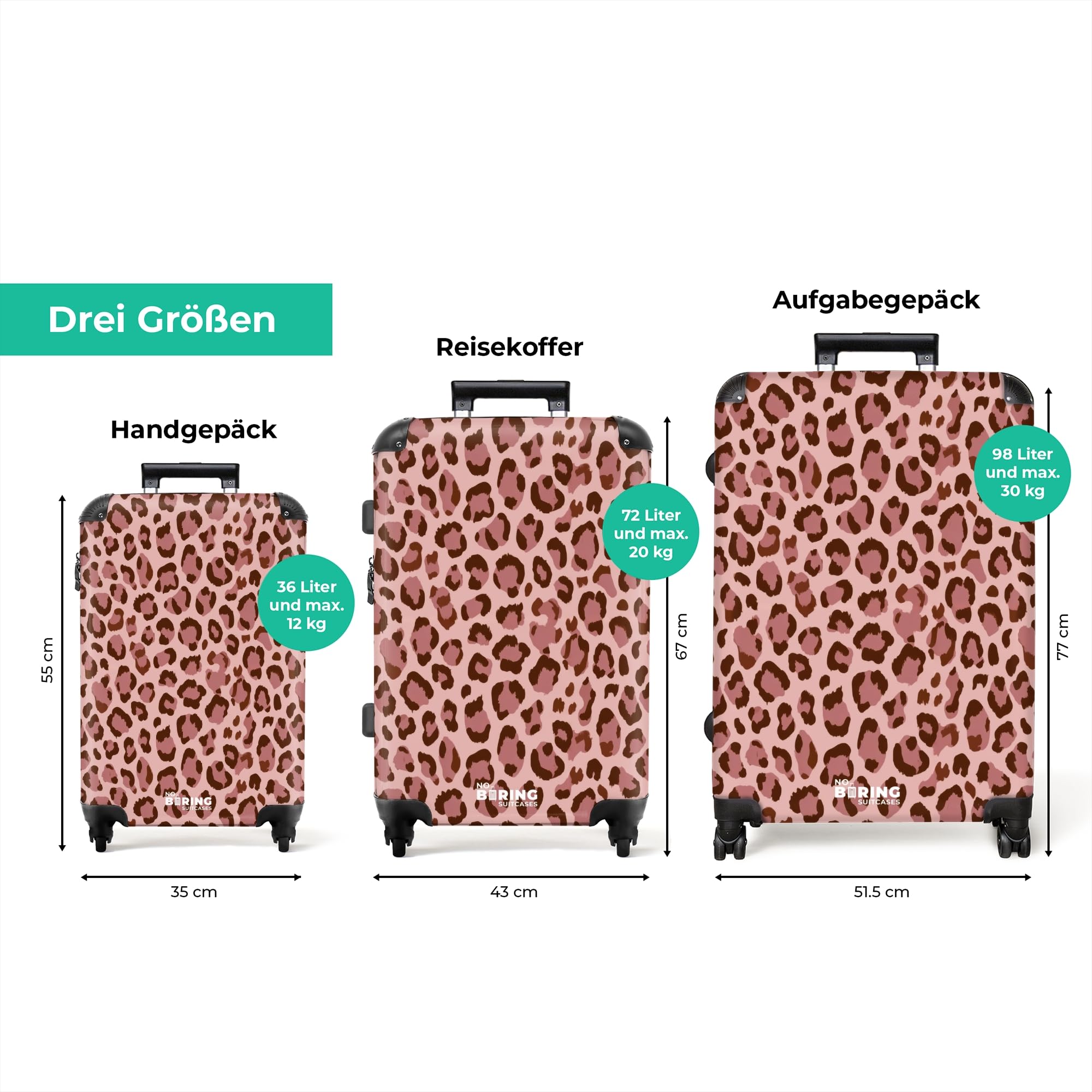 NoBoringSuitcases.com® Koffer Mittelgroß 67x43x25 cm Hartschalenkoffer L Trolley Rollkoffer 4 Rollen Leicht Hartschale Mittel Groß Leopard - Muster - Rosa