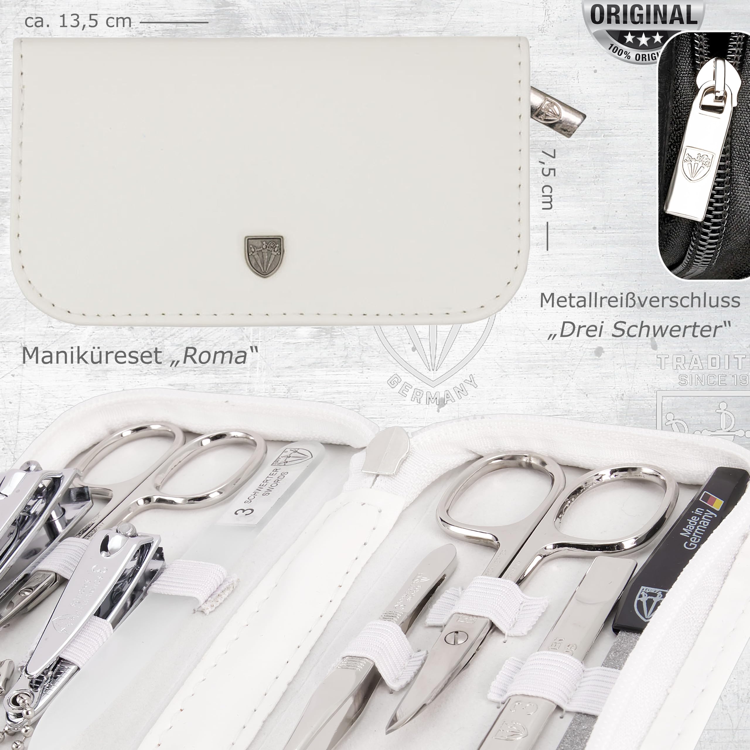 DREI SCHWERTER - Kit de manucure « Roma » – Étui à ongles avec 8 instruments : ciseaux à ongles, ciseaux à cuticules, coupe-ongles pied/doigts, cure-ongles, pince à épiler, lime à ongles en verre,