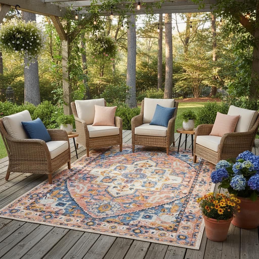 Vintage Medallion Large Outdoor Rug for Partio Balcony Deck Porch Camping Washable Waterproof Non Slip Outside Carpet 4x6 Boho Distressed Texture Garden Camping Pool Orange Blue Area Rug