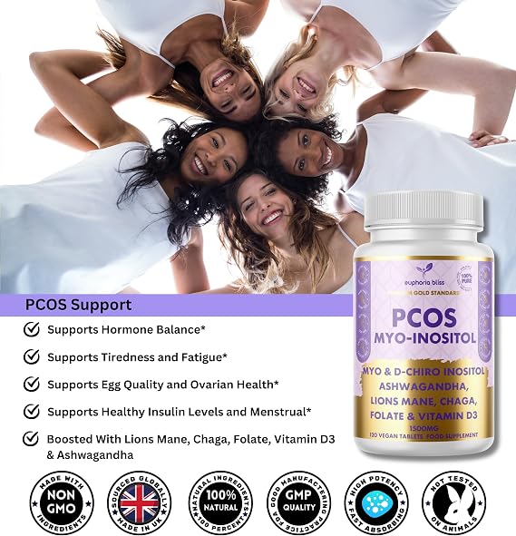 Myo-Inositol & D-Chiro Inositol Blend Capsule, Vitamin D3, Lions, Chaga, Ashwagandha, Folate, PCOS Support Supplement, Hormonal Balance, Healthy Ovarian Function Support for Women, 120 Caps