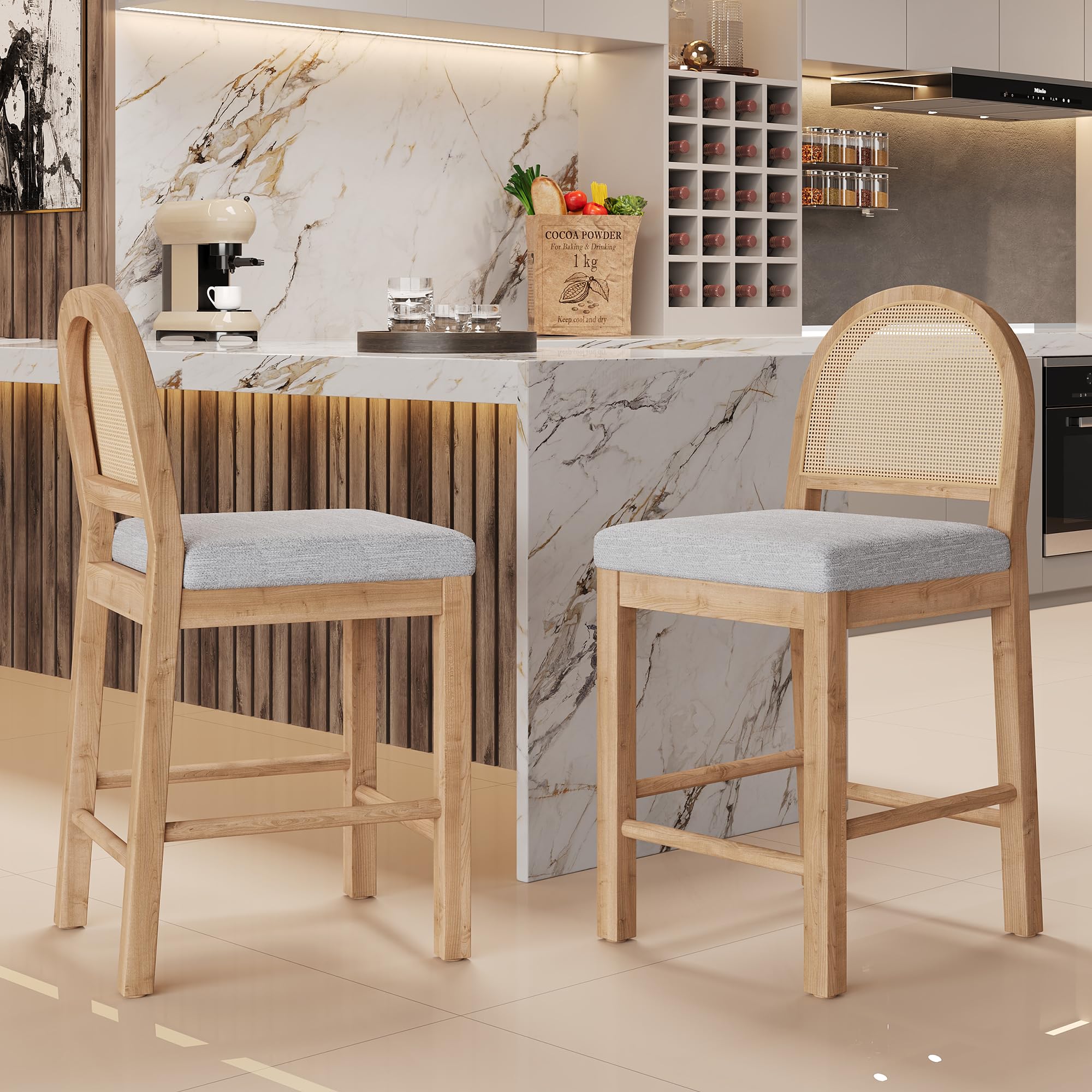 Merax Upholstered Bar Stool Set of 2, 24.5" Counter Height, Solid Wood Frame, Natural Rattan Woven Back, High Chair for Kitchen Island and Bar Tables