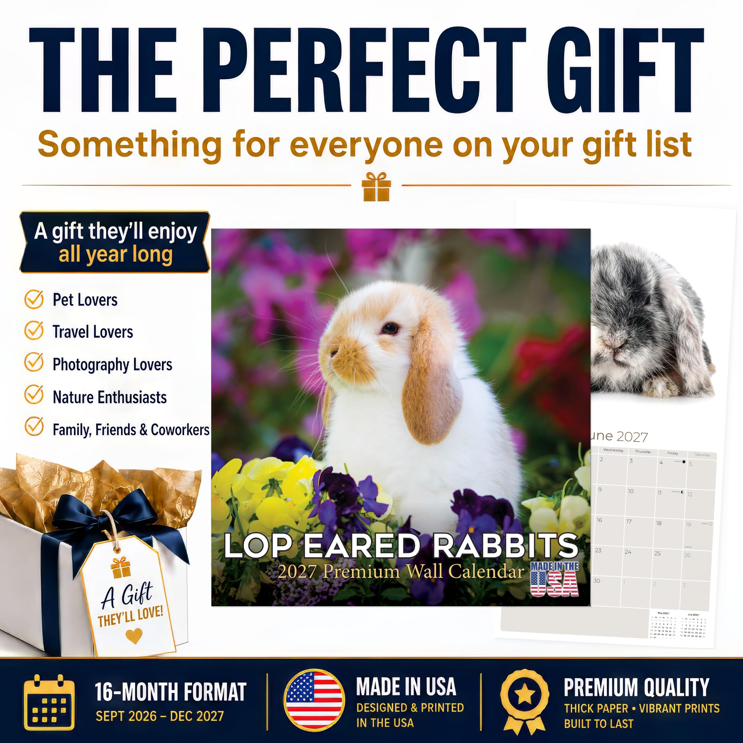2023 2024 Lop Eared Rabbit Kalender – Niedlicher Tier-Monats-Wandkalender – 30,5 x 61 cm offen – dickes Papier ohne Blättchen – Geschenk – Akademischer Lehrerplaner Kalender Organisieren & Planen