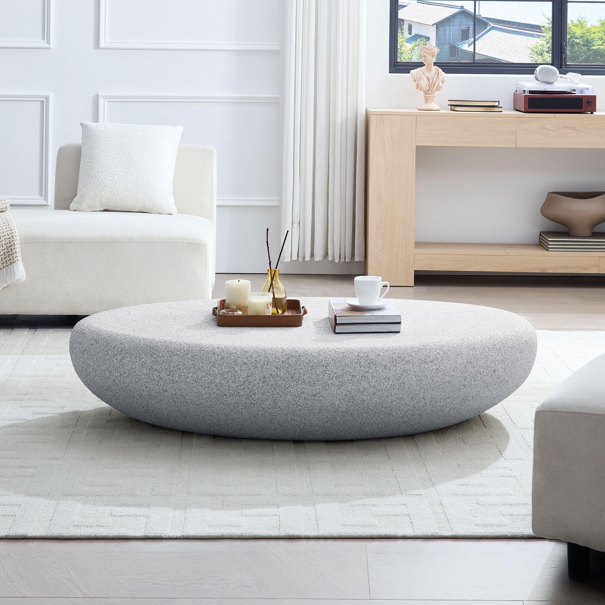 55 12 Oval Coffee Table Modern Faux Stone Center Table Fiberglass Minimalist Accent End Table Imitation Stone Tea