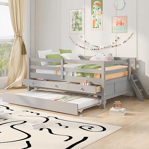 VilroCaz Cama baja tipo loft de tamaño matrimonial con valla de seguridad completa y escalera de escalada para niños y adolescentes marco de cama