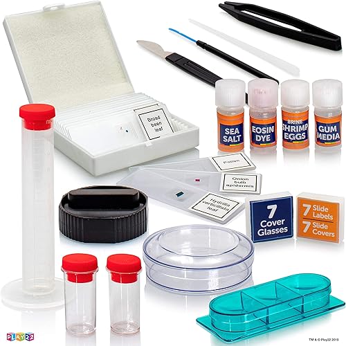 Miniatura 6 de Play22 Kit de microscopio para niños, 50 piezas, kit de ciencia para niños, 120X-1200X, microscopio de cuerpo de metal, caja de transporte,