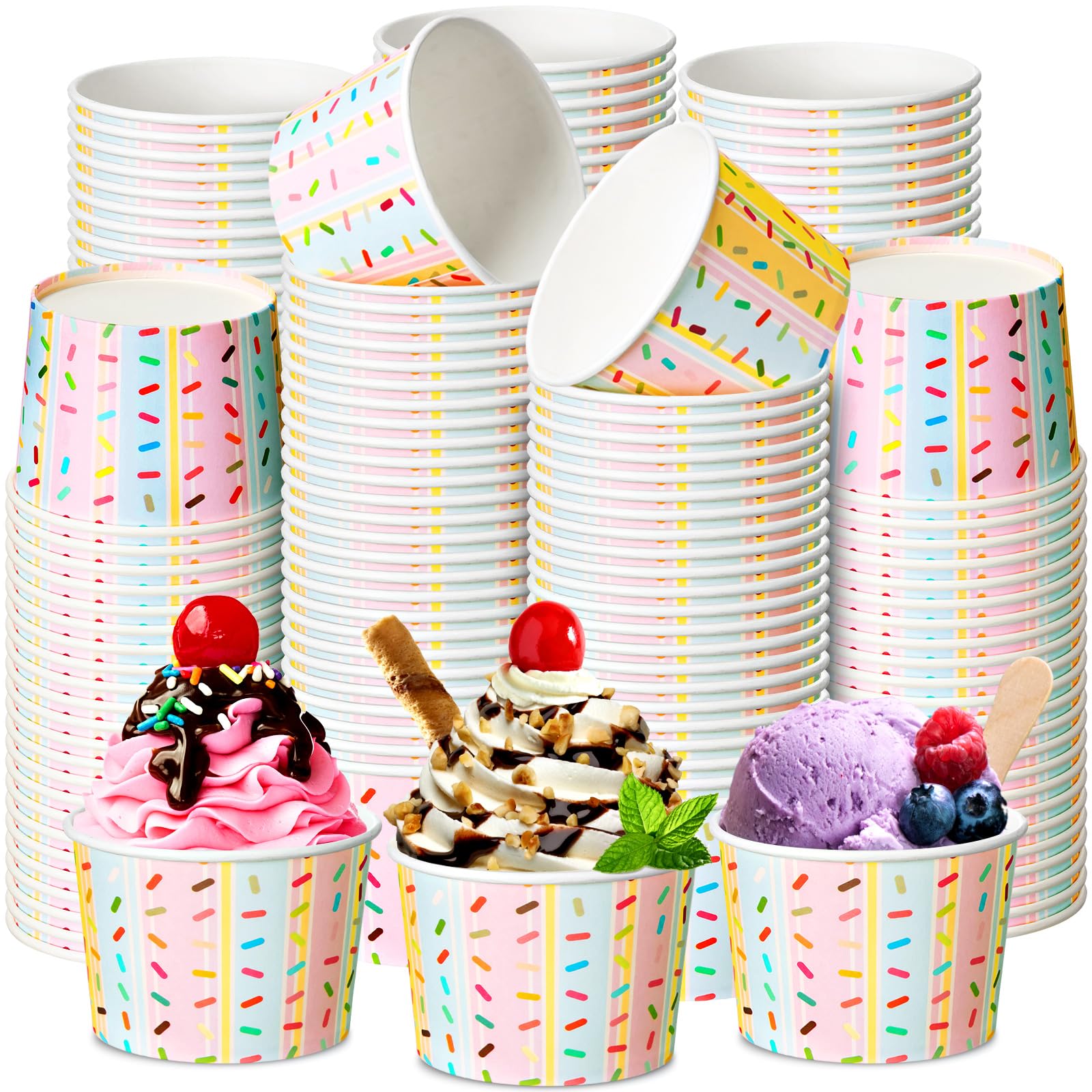 Bokon 100 Pcs Donut Paper Ice Cream Cups 9 oz Disposable Dessert Bowls | Disposable Snack Bowls for Birthday Baby Shower, Ice Cream Dessert Donut Soup, Rainbow Stripe Party Decorations