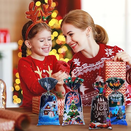 Miniatura 3 de 200 bolsas de dulces de celofán de Navidad a granel, bolsas de palomitas de maíz, bolsas de plástico de Papá Noel, sombrero de Navidad, muñeco de