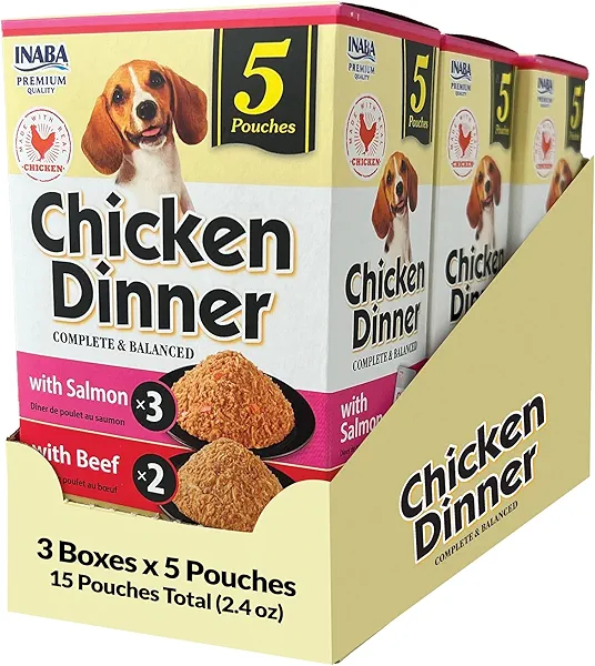 INABA Chicken Dinner for Dogs, Soft Pate Wet Dog Food, Complete & Balanced, 2.4 oz. Pouch, 15 Pouches, Salmon & Beef Variety