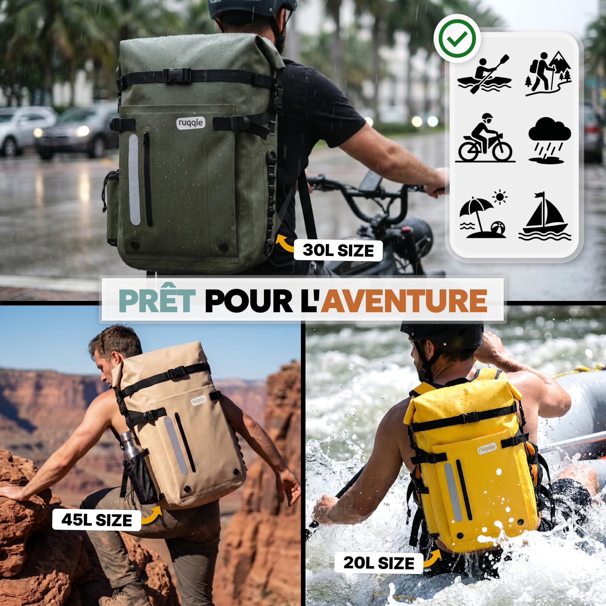 Ruqqle Sac étanche Polyvalent, Waterproof Dry Bag 20/30/45L, 3 Poches externes, Sac à Dos Confort imperméable idéal Voyage Plage Mer Bateau Canoë Paddle Kayak Moto Randonnée Camping Pêche Loisirs
