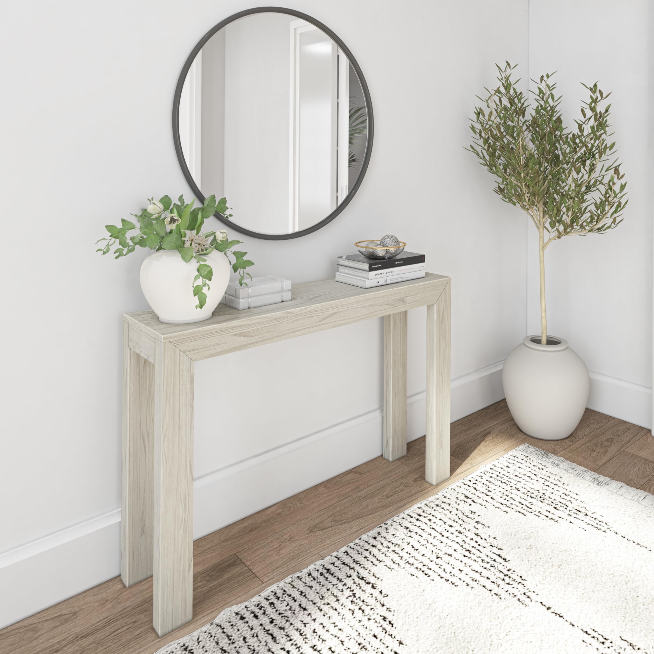 Plank+Beam Modern Solid Wood Console Table, 46.25 Inch, Sofa Table, Narrow Entryway Table for Hallway, Behind The Couch, Living Room, Foyer, Easy Assembly, White Sand Wirebrush