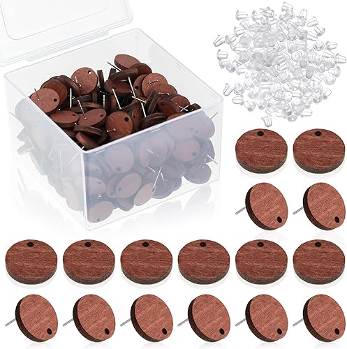 100 pares de aretes de madera, aretes planos, aretes de bricolaje con parte trasera de goma de bala, suministros de fabricación de aretes redondos