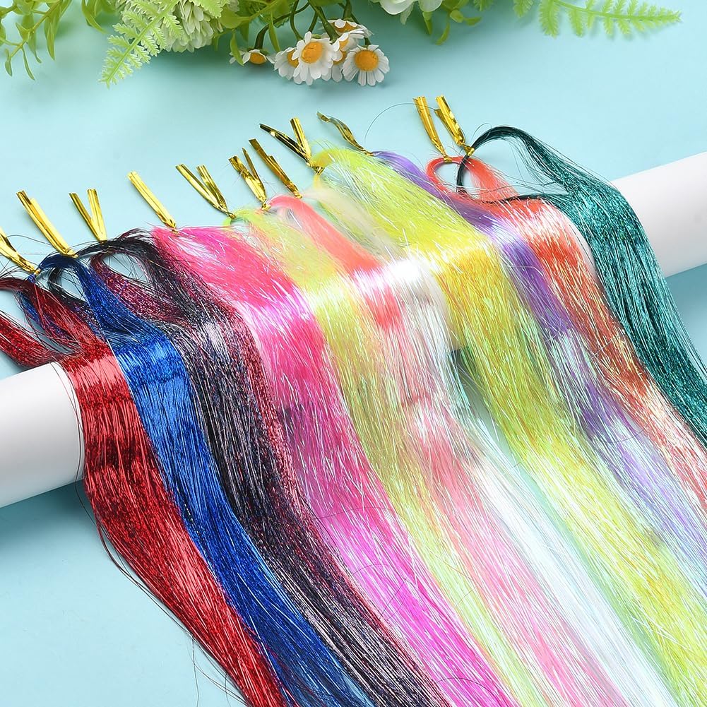 12 Colors 12Pcs 48 Inch Glitter Hair Extensions Kit Hair Tinsel Extensions Bulk Sparkling Holographic Colorful Fairy Hair Tinsel for Christmas Birthday Party Valentine Festival Women Adults