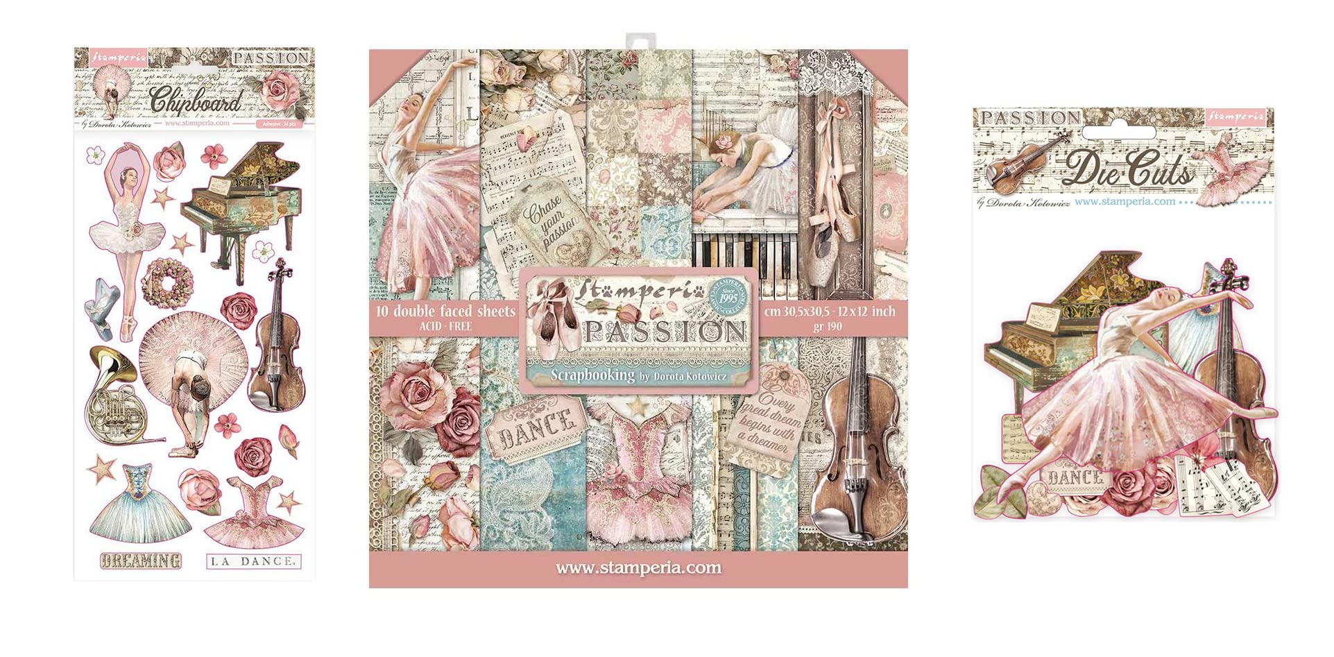 Stamperia International Passion Bundle: 12" X 12" Double-Sided Paper Pad + 6" X 12" Adhesive Chipboard + Die-Cuts