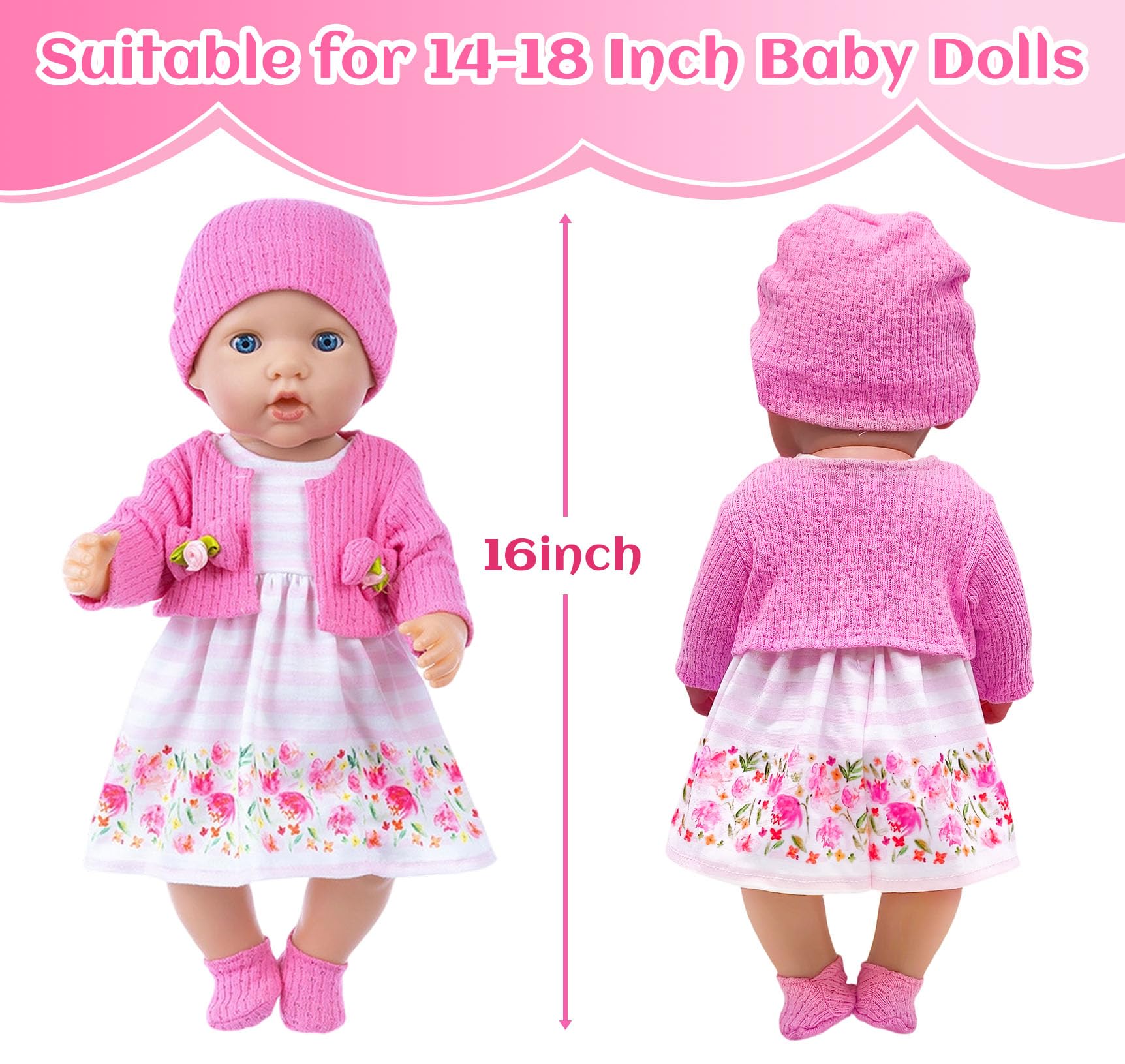 WanderGo Baby Doll Clothes 35-43 cm, 6-piece Outfit with Pink Cardigan + Floral Dress + Socks + Hat + 2 Hangers - Image 2