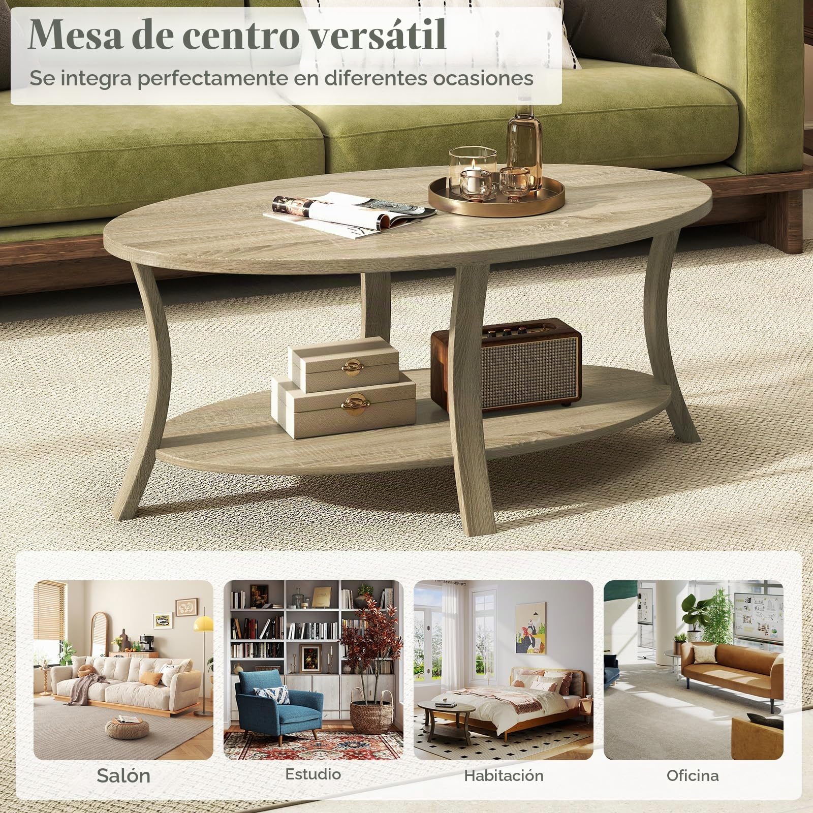 LIFEZEAL Mesa de Centro Ovalada de Madera de Caucho, Mesa de Centro de 2 Niveles con Estante de Almacenaje, Mesa Rústica para Salón, Hogar, Oficina, 111 x 60,5 x 47 cm (Natural)