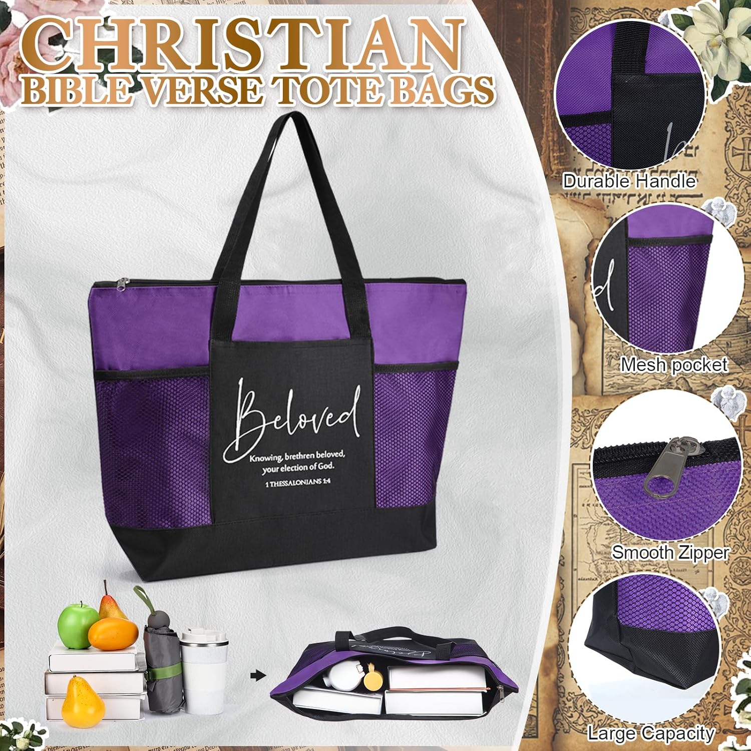 Paterr 10 Pcs Christian Mothers Day Tote Bags Bulk with Pocket Zipper for Women Religious Gifts for Church Bible Study Bags(Morandi,Encouraged)