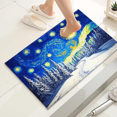 Vista 2 de Tapete de baño de bosque de pinos nevados de invierno Van Gogh, alfombra de baño de noche estrellada de 20 x 32 pulgadas, alfombra de felpa