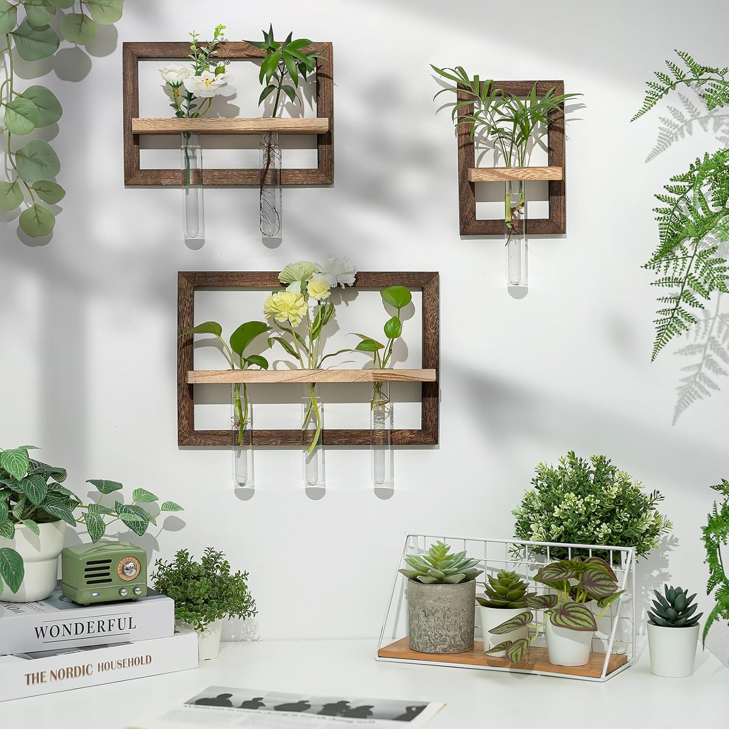 Wall Planter Propagation Stations - Hanging Glass Terrarium Tube Vase with Wood Shelf for Indoor Plants Cutting - Rustic Wall Decor for Farmhouse