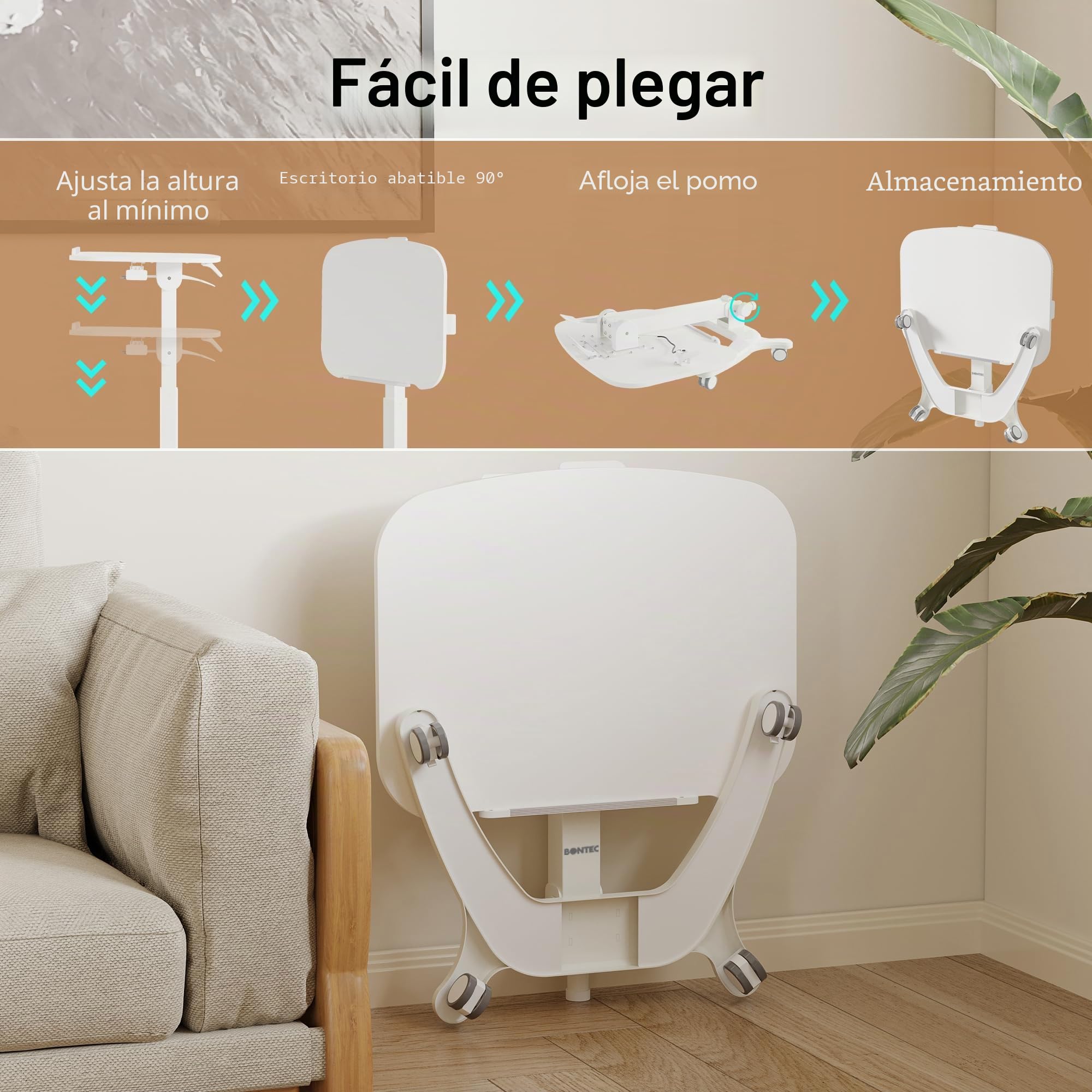 BONTEC Escritorio Plegable con Ruedas, 90° Tablero Plegable, Capacidad 12kg, Mesa Regulable en Altura, 65x50 cm, Ideal para Oficina, Dormitorio y Uso Médico, 4 Ruedas Giratorias, Blanco