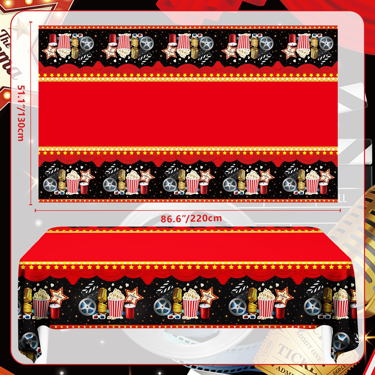 4 piezas de manteles de noche de película temática de cine decoraciones de fiesta alfombra roja manteles palomitas de maíz mantel entrega de premios se muestra ahora tema cumpleaños accesorios 130 x