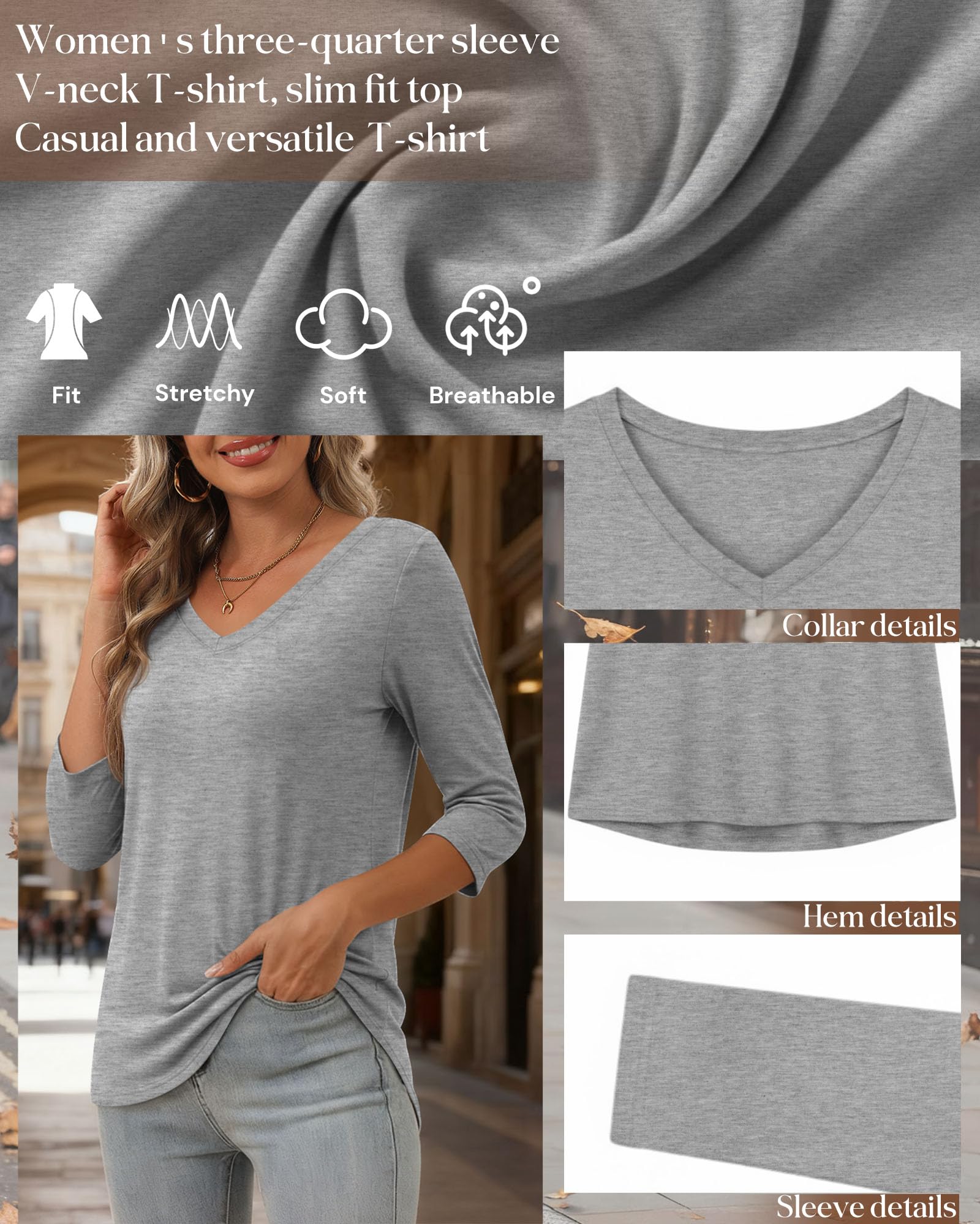 Ficerd Paquete de 4 Camisetas de Manga 3/4 con Cuello en V para Mujer, Estilo túnica Informal, de algodón básicas y a la Moda