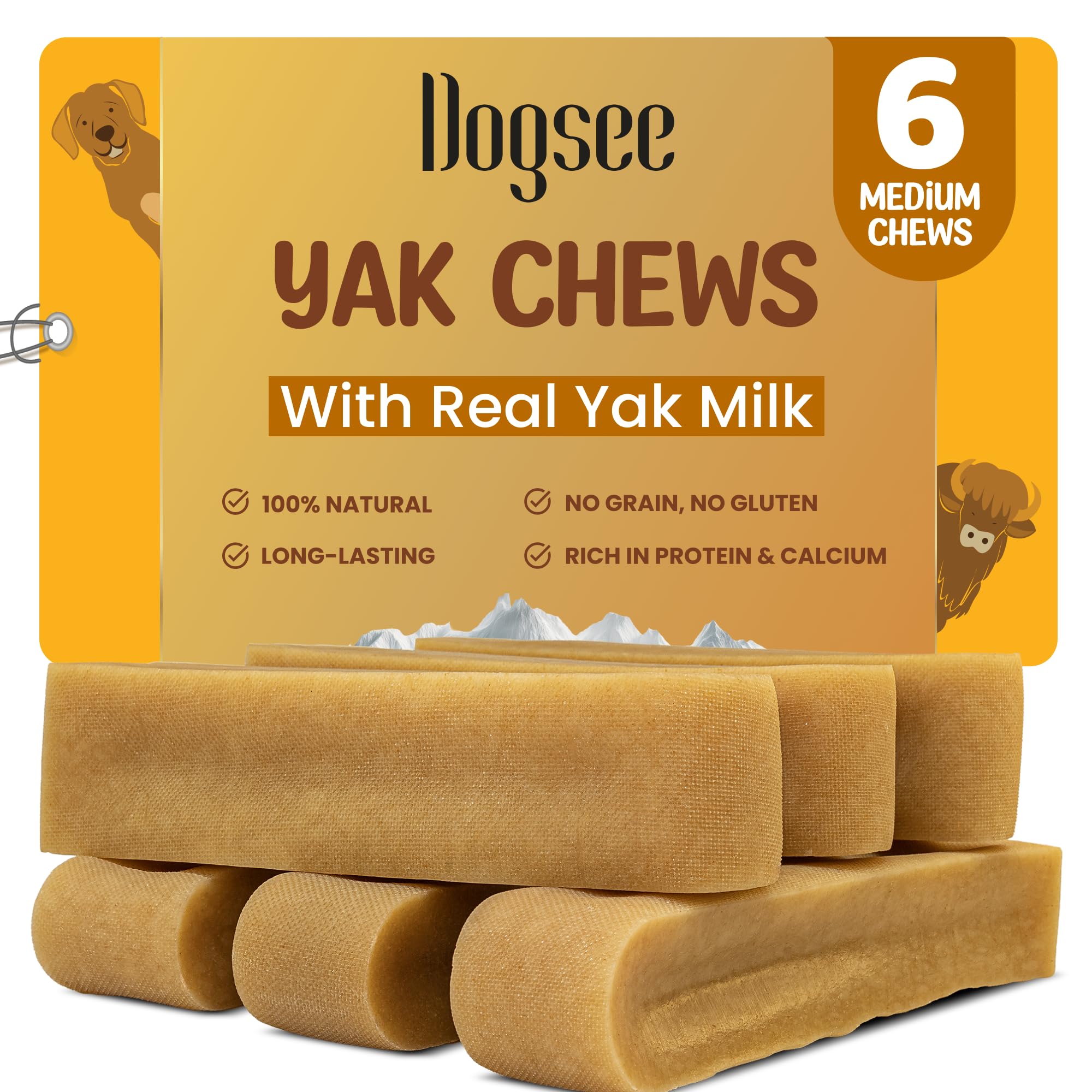 Dogsee Original Yak Cheese Himalayan Dog Chews 1lb (Medium - 6 Bars) | 100% All Natural | Dog Treats Medium Breed | Dog Chews Long Lasting for Aggressive Chewers | High Protein | Dental Sticks