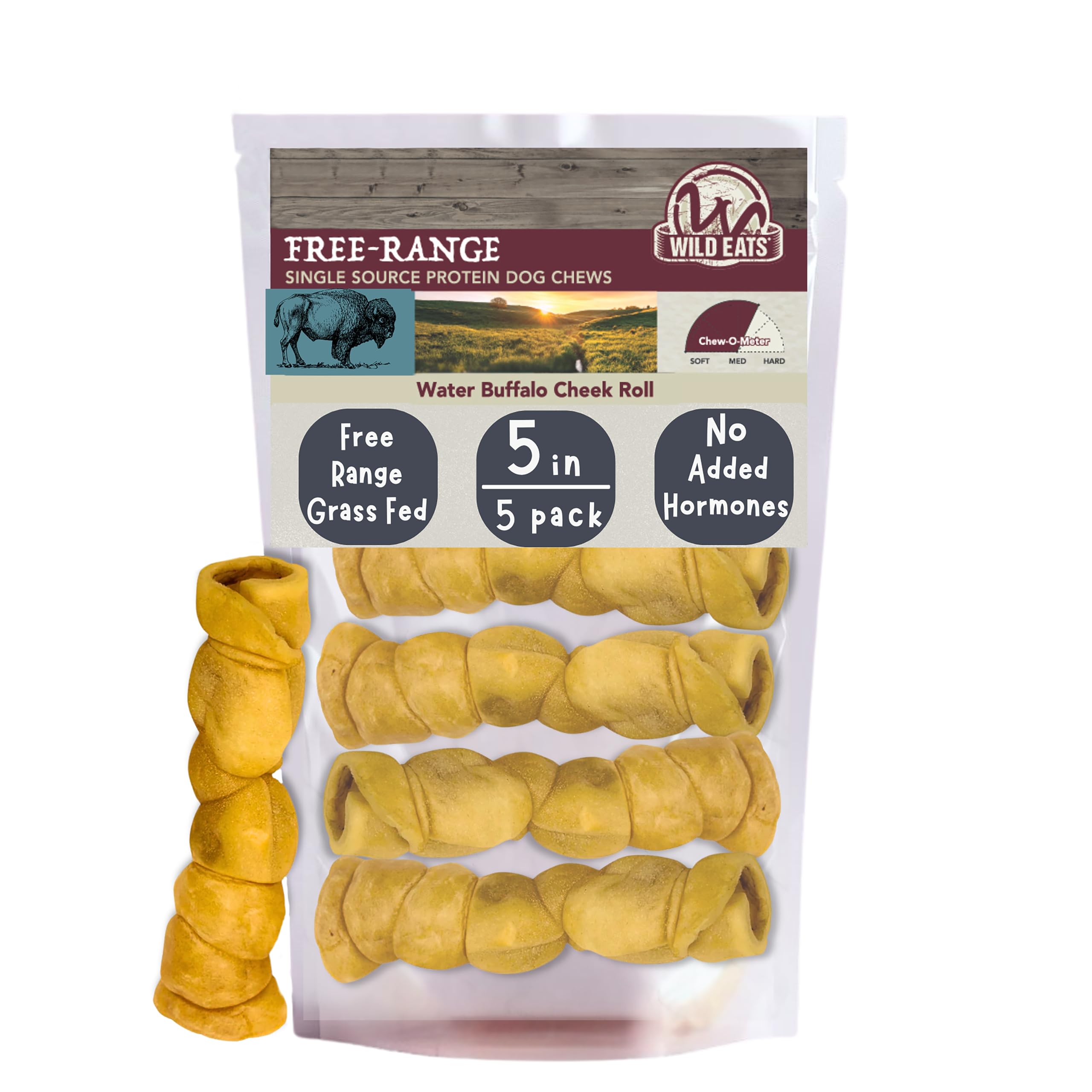 Water Buffalo Retriever Style Cheek Roll Dog Chews - 5 Pack (Long Lasting Chews, Treats, Bones for Aggressive Chewers & Large Dogs) Great Substitute Pig Ears Dogs