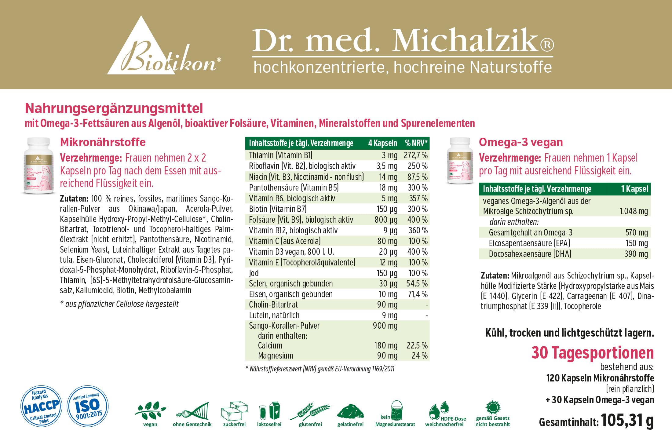 Frühschwangerschaft Dr. Michalzik, 800 µg Folsäure, 150 Kapseln | Mit Folsäure, DHA, Eisen und Calcium • vegane Kapseln • eigene deutsche Produktion • ohne Zusätze