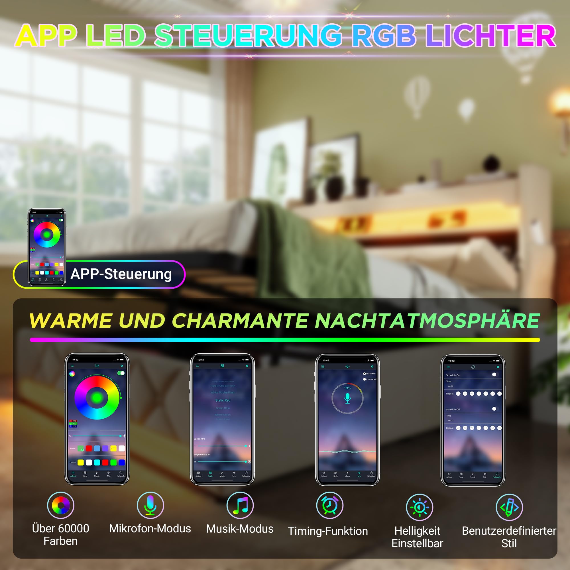 Letto imbottito 180x200 cm, letto matrimoniale con contenitore idraulico e illuminazione a LED, letto contenitore, testiera con vano portaoggetti e funzione di ricarica USB e USB-C, tessuto di