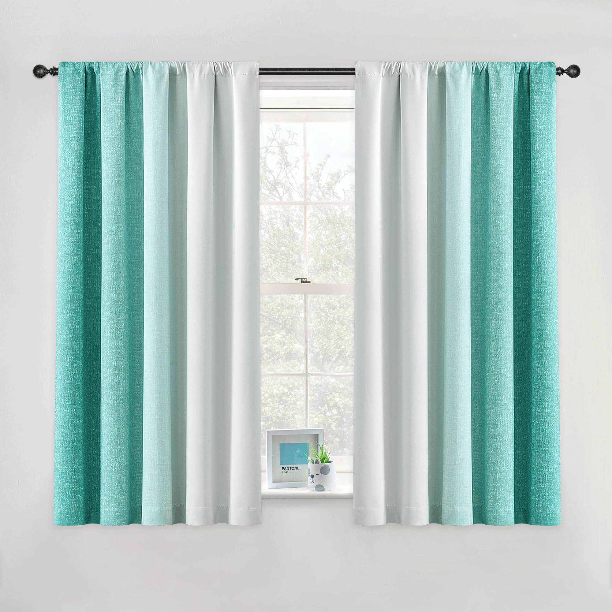 Geomoroccan Ombre 100% Blackout Curtains 54 Inch Length 2 Panels for Bedroom Living Room Teal White Gradient Patterned Room Darkening Privacy Thermal Insulated Rod Pocket Window Treatment Drapes