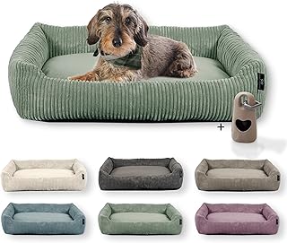 Rohrschneider Hundebett waschbar | für kleine und mittelgroße Hunde | mit Hundekissen Cord | 2 Größen (ca. 55x42 cm/ca. 70x50 cm) inkl. Gassibeutel (Salbei, Cordstoff breit) product image