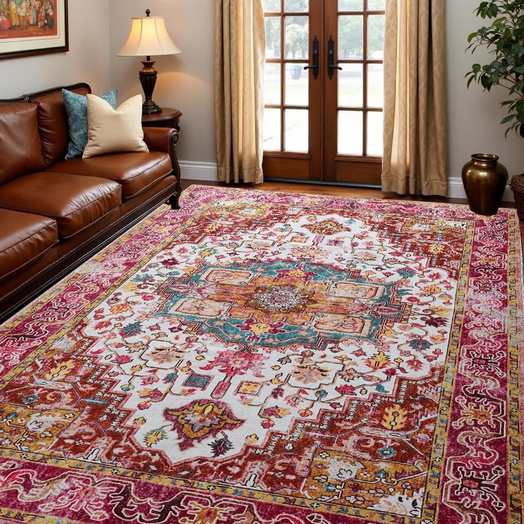 Area Rugs 5x7 for Living Room, Machine Washable Vintage Rugs -Low Pile Carptet, Soft Distressed Floral Rugs for Kitchen, Dining Room, Bedroom, Plum