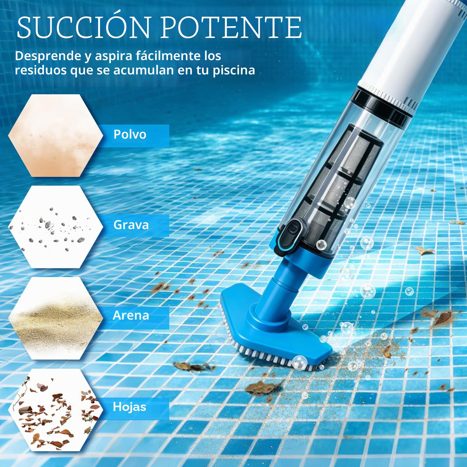 Aspirador de piscina inalámbrico con batería de 1600 mAh, 3 cabezales, máx. 165 cm | Limpiador de piscina portátil con barra de extensión, filtro, aspiradora para piscina, jacuzzi y piscina infantil