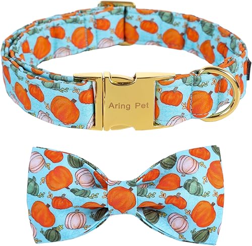 ARING PET Collar de perro de Halloween de algodón con diseño de calabaza con lazo, ajustable de calabaza azul, collares para cachorros con hebilla
