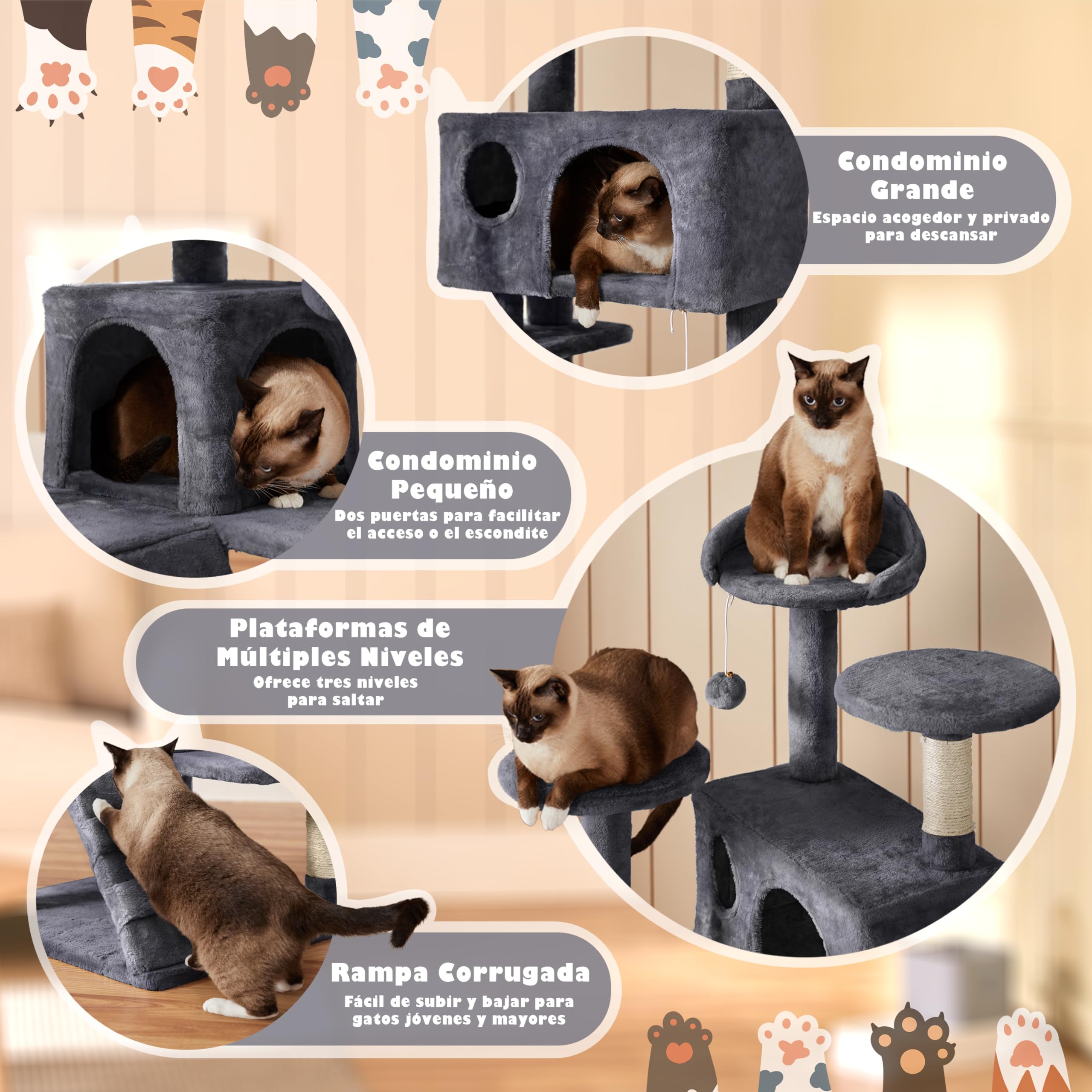Yaheetech Árbol Rascador para Gatos 139cm con 3 Plataformas 2 Nidos 2 Pompones Torre de Escalador con Postes en Sisal Ideal para 3-4 Gatos Gris Oscuro — view 3