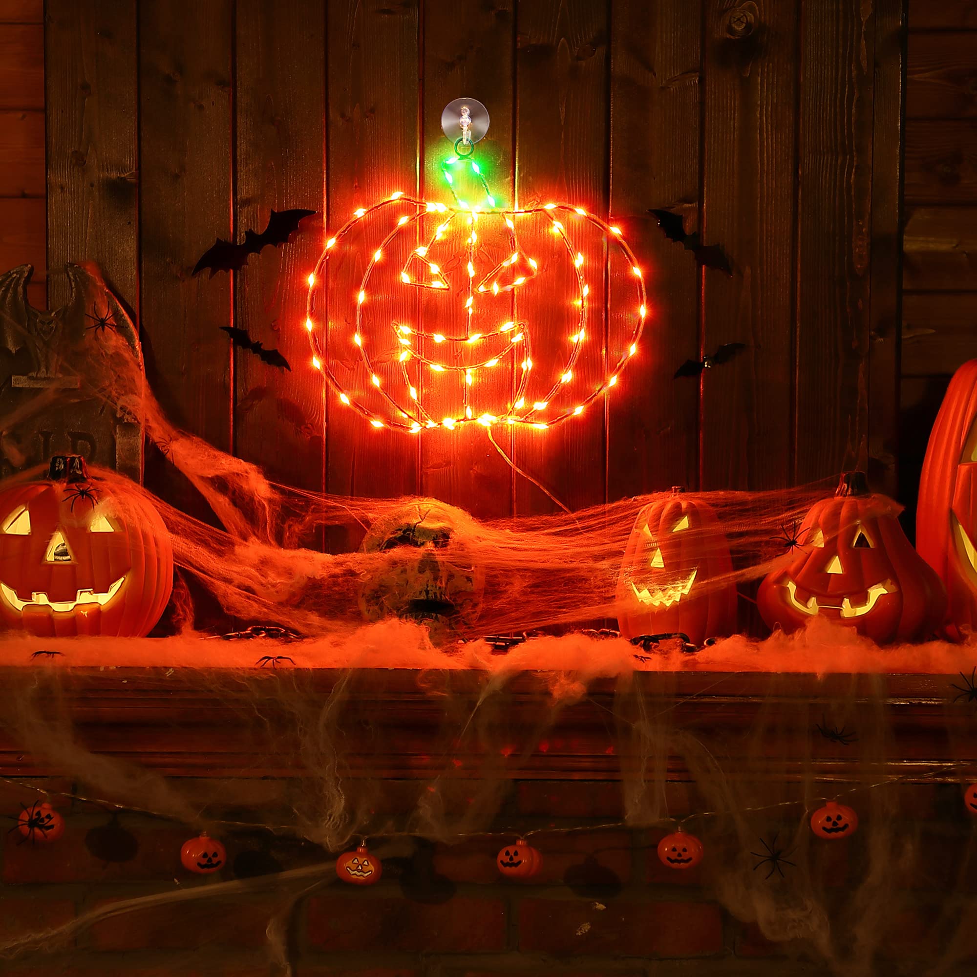 Halloween Window Decorations Lights 12 Inch Orange Iron Frame Pumpkin Lights 8 Flicker Modes USB Operated with Remote Control, Halloween Window Silhouette Light for Halloween Party Decoration