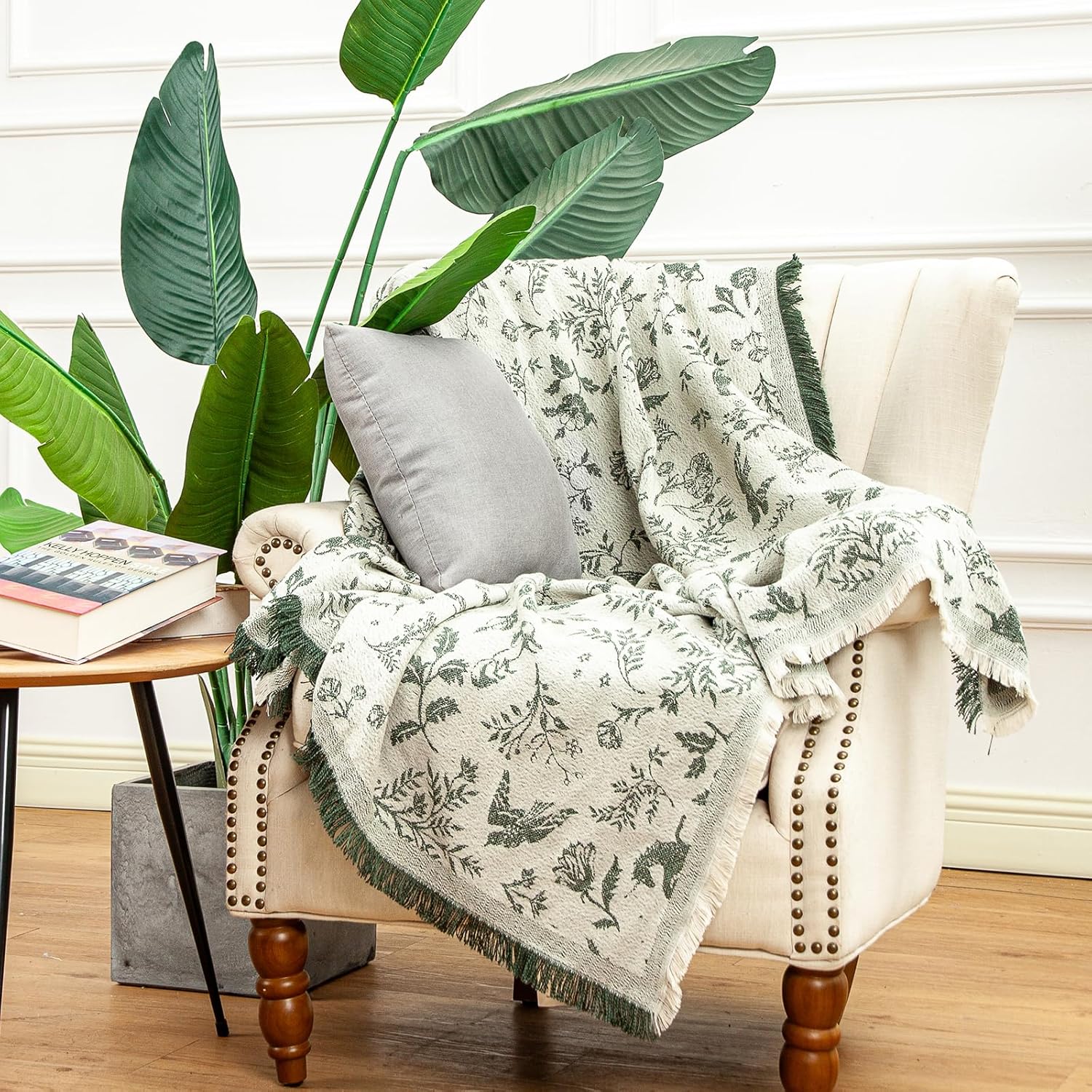 LALIFIT Boho Chic Decorative Throw Blanket Vintage Woodland Floral Bird Design with Tassels Soft Cotton Lightweight & Cozy for Home, Couch, Sofa, Farmhouse 50x60 Inches (Sage Green) - Image 5