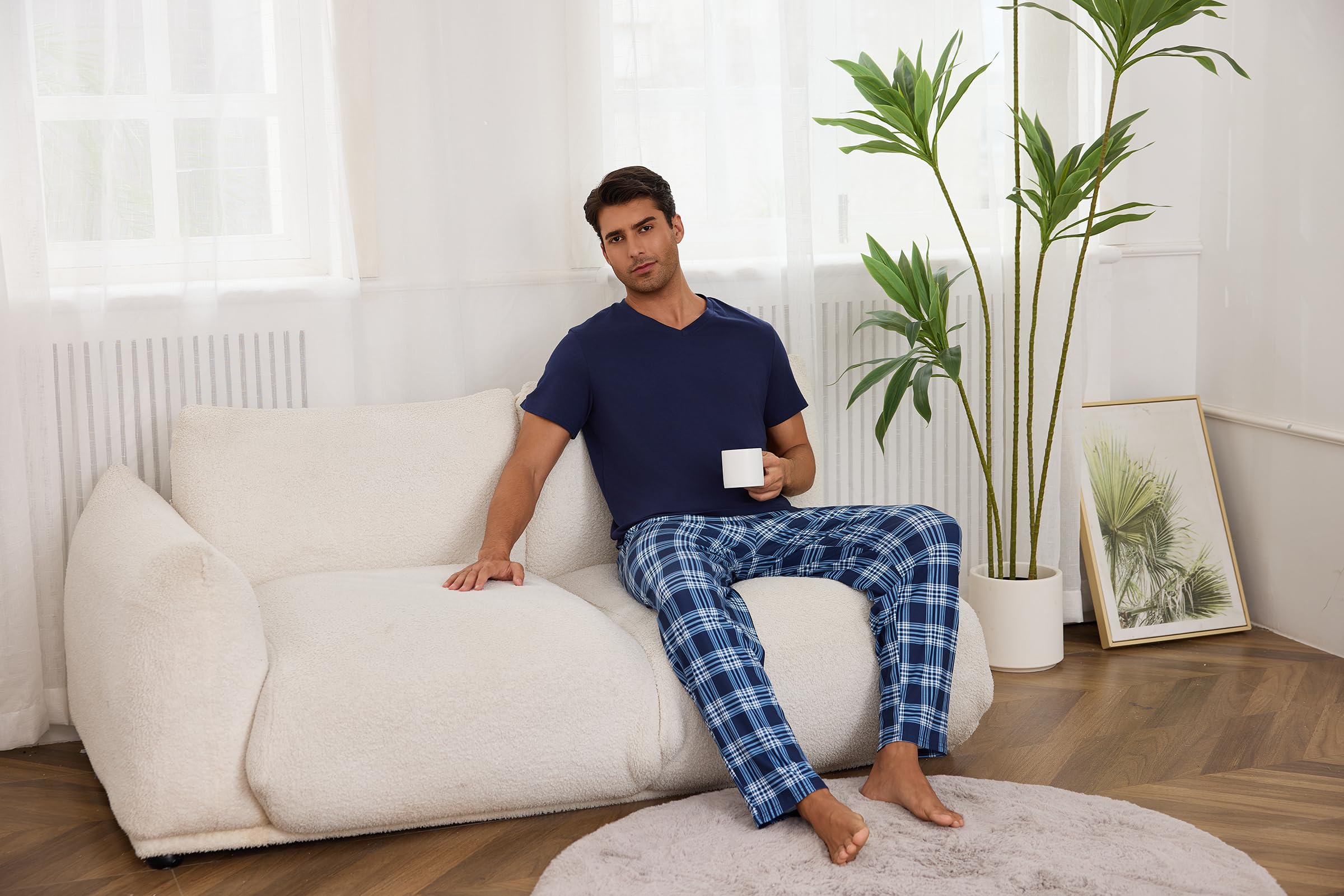 Bresdk Pijama Hombre Invierno Algodón Conjunto de Pijamas Manga Corta Tops con Largos Pantalones a Cuadros Ropa de Dormir con Bolsillos y Cordón S-3XL