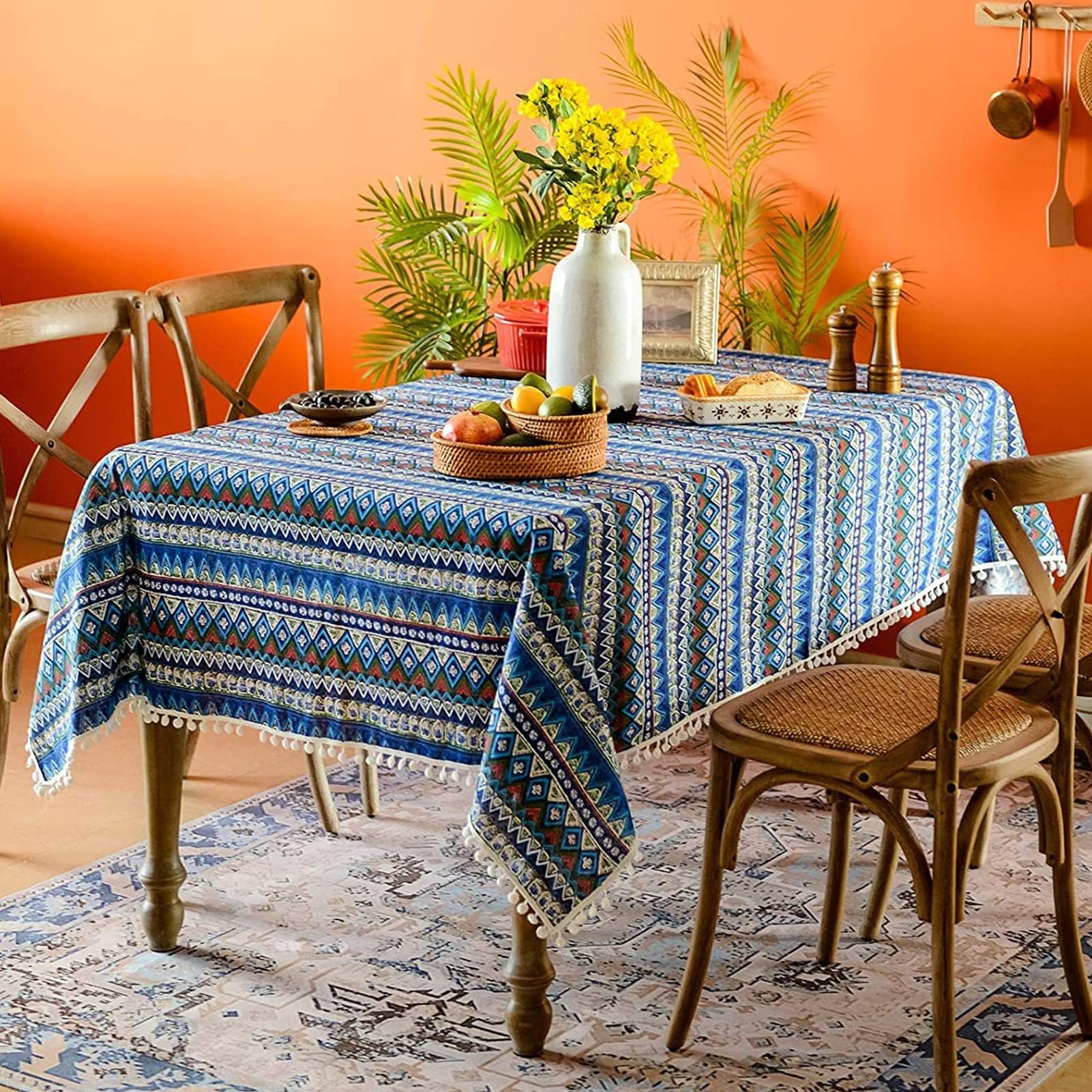 Table Cloth, Rectangular Cotton and Linen Tablecloth, 140 * 180 cm Bohemian Pom Tassel Tablecloth, Suitable for Kitchen Restaurant Outdoor Dinner, Blue