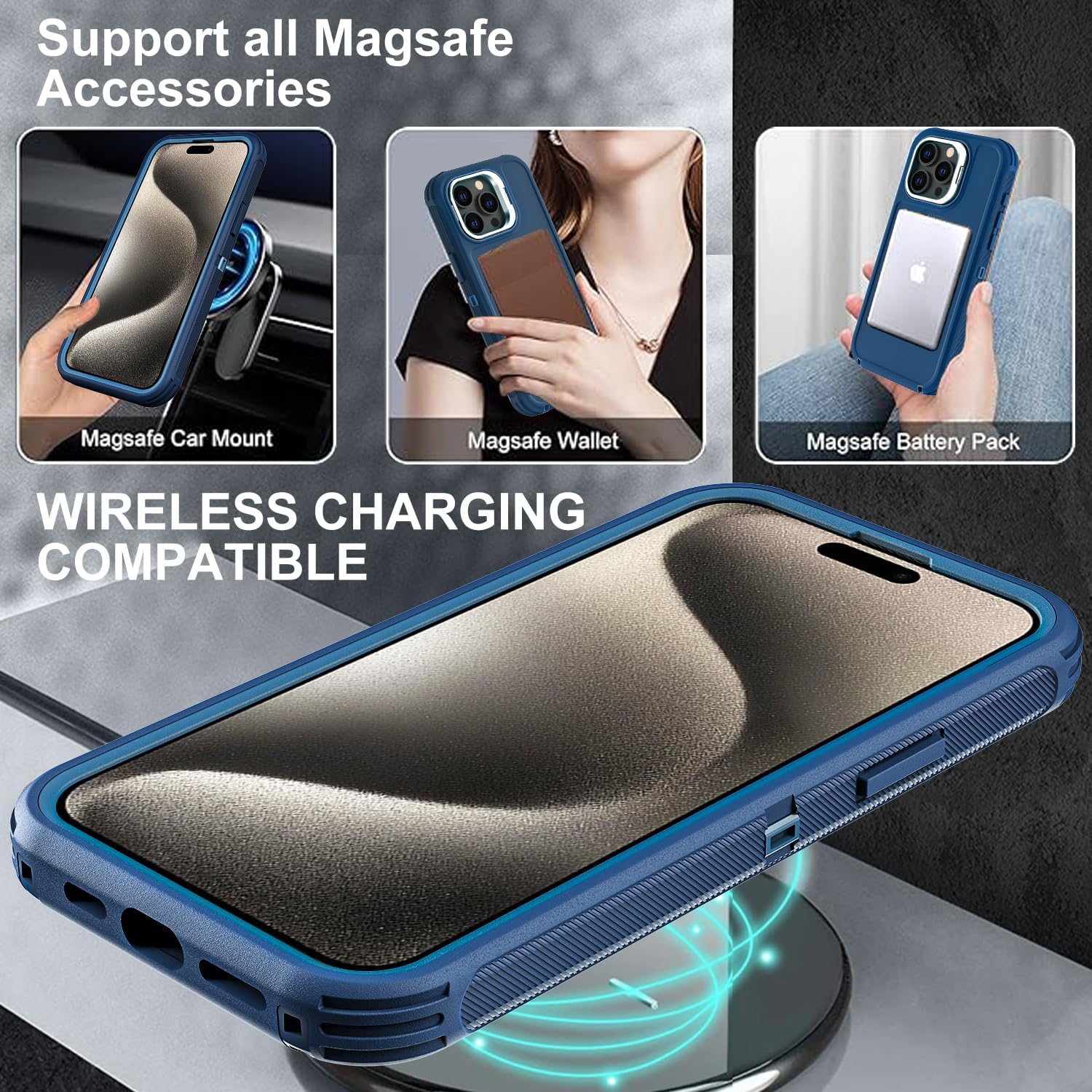 YKHJKLEC for iPhone 15 Pro Max Case, Military Grade 3 in 1 Heavy Duty Shockproof/Drop Proof/Dust Proof with Kickstand Case, with 2 x Tempered Glass Screen Protector & 1 x Wrist Strap (ZJ-Navy Blue)
