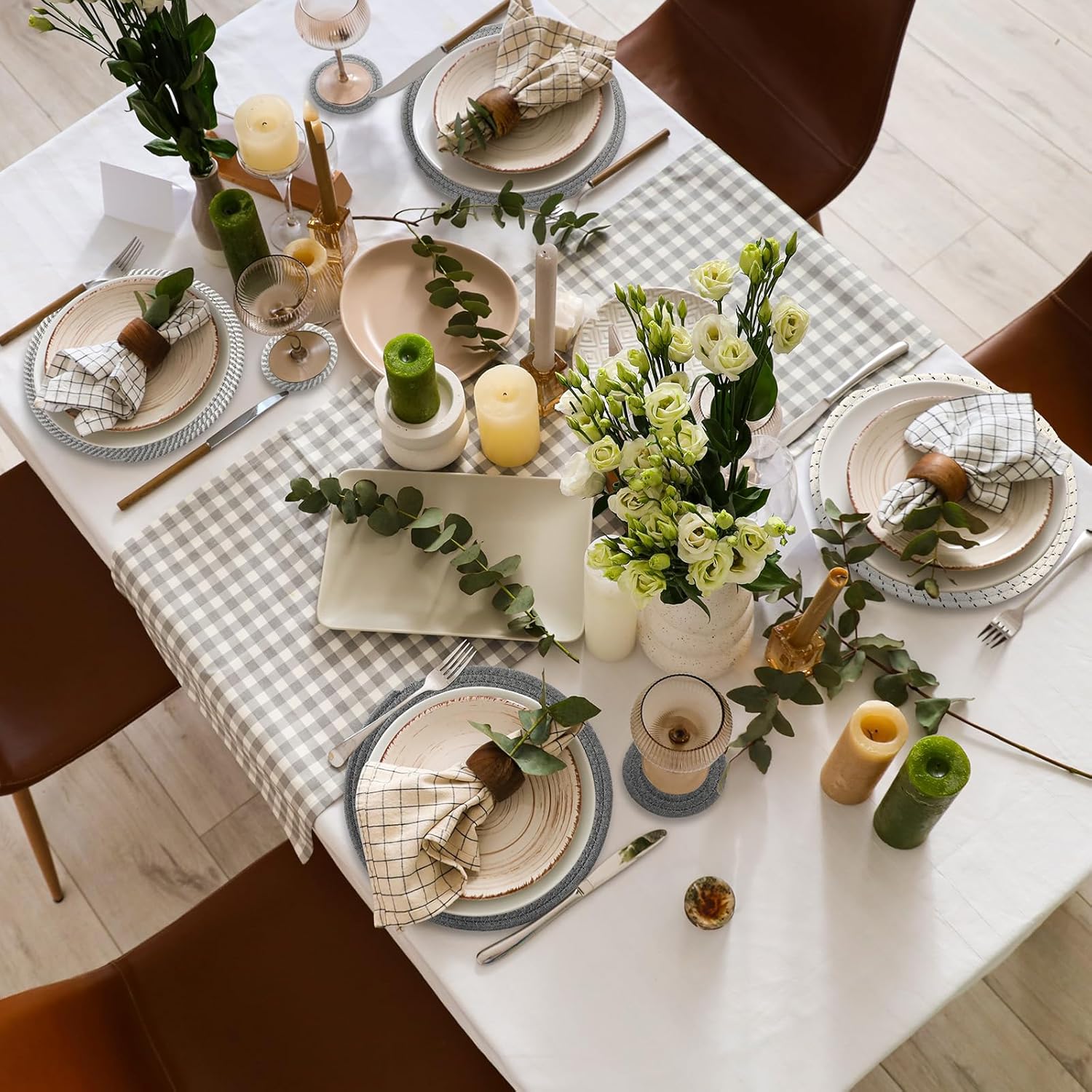 8 Pcs Boho Round Woven Placemats Set of 4/6/8,Trivets for Dishes, Heat Resistant Hot Pads,11.8" Woven Cotton Rope Round Placemats with Basket, 4.3" Drink Coasters with Holder (Grey Series)