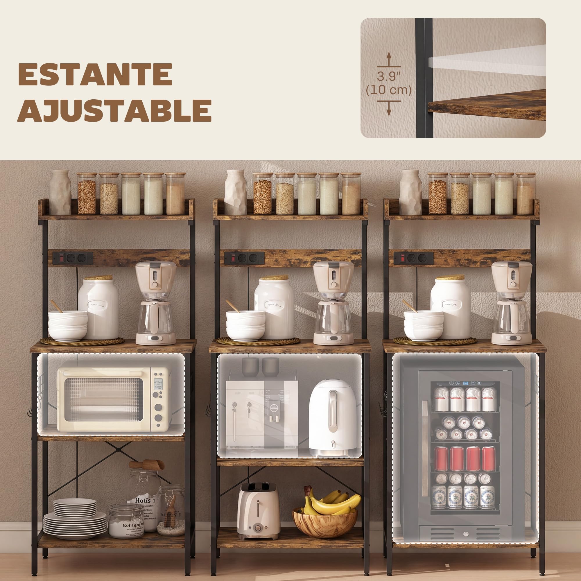 HOMCOM Estantería de Cocina con 2 Tomacorrientes, Estantería de Panadería Industrial con Estación de Café, Estante para Microondas, Estante Ajustable, Ganchos, 60x42x137 cm, Marrón Rústico y Negro