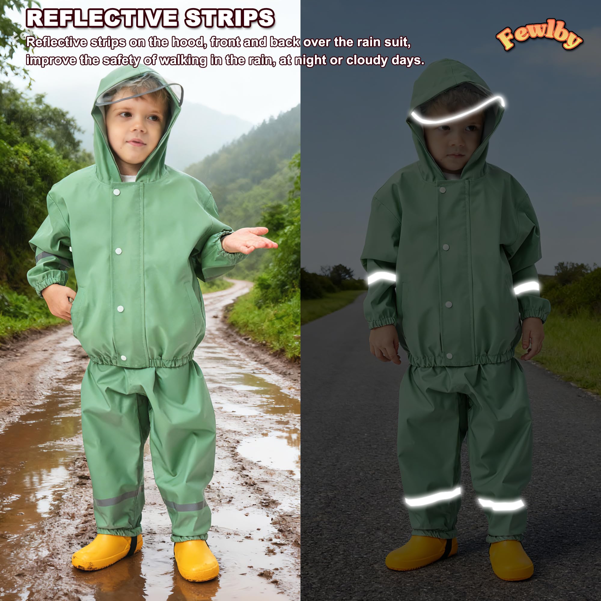 Fewlby Regenanzug Kinder Matschanzug, Mädchen Jungen Regenjacke und Regenhose Regen-Anzug 2PCS Set, Wind- und wasserdichte Zweiteiliger Regenbekleidung